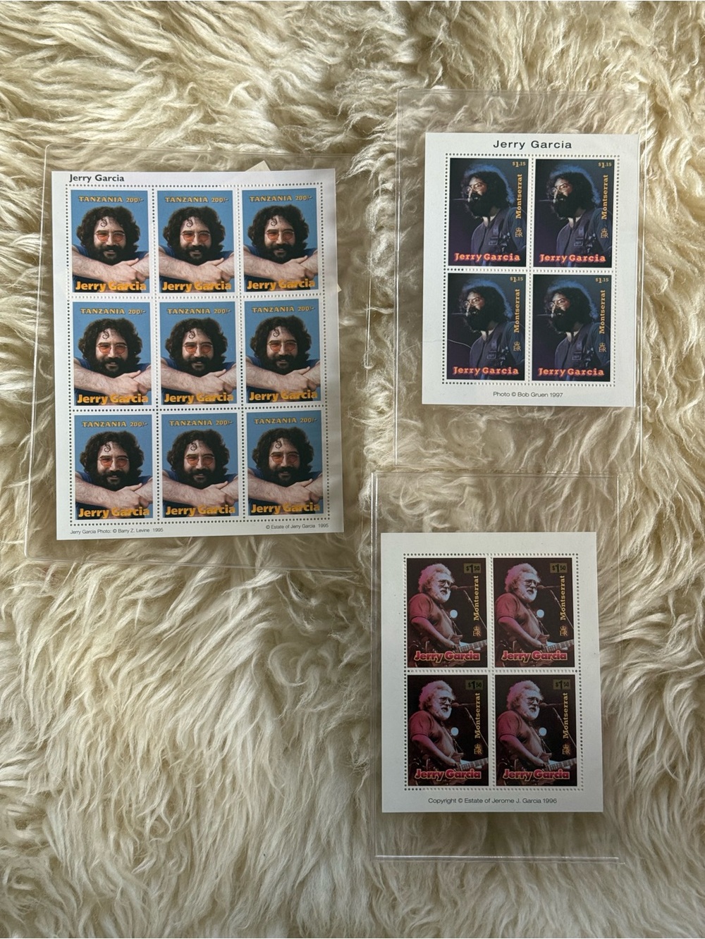 VINTAGE 1997 1998 Montserrat Tanzania Jerry Garcia 3 stamp sheet Grateful Dead